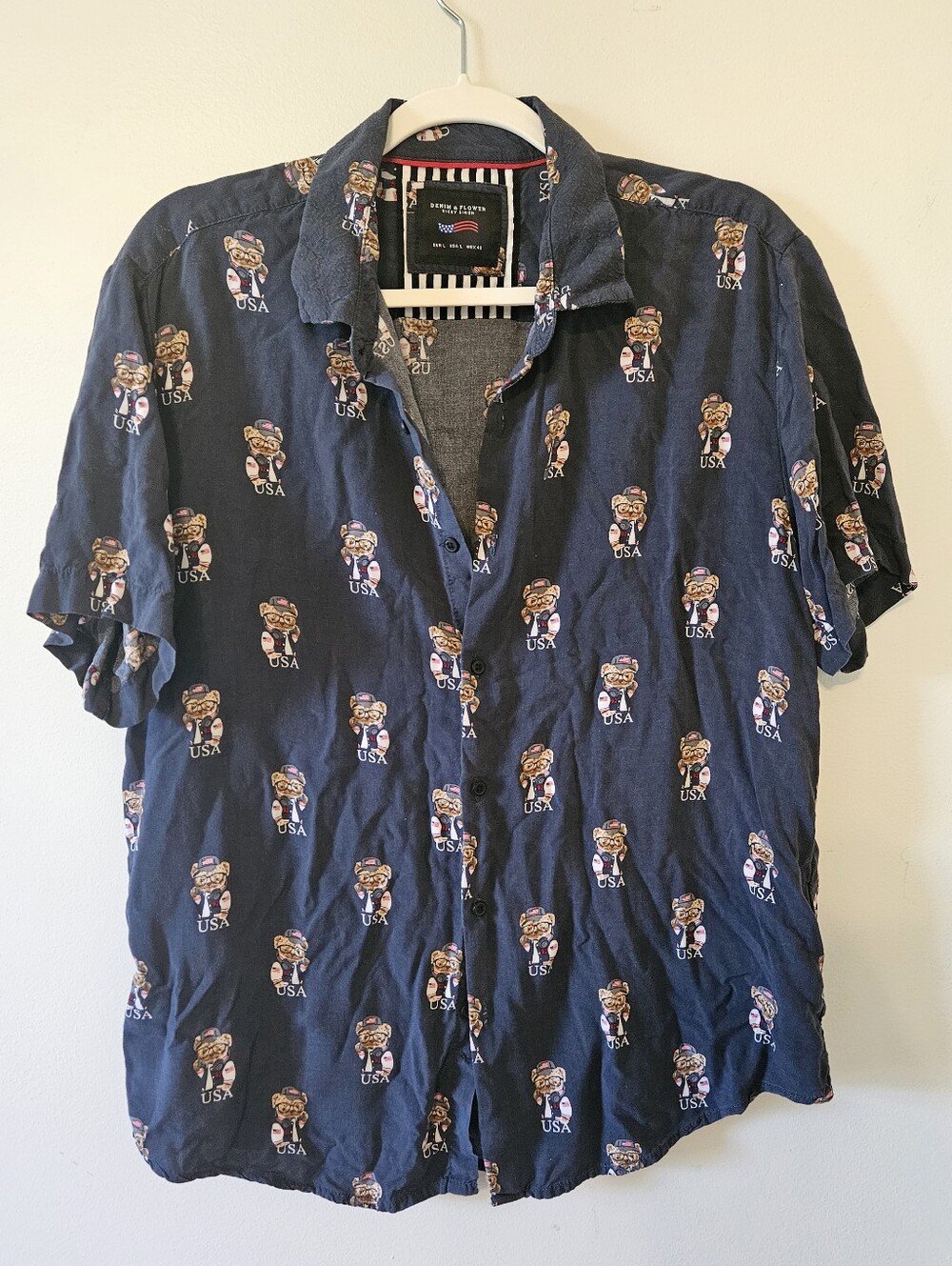 Denim & Flower Navy Short-Sleeve Button-Down Shirt with All-Over USA Teddy Print